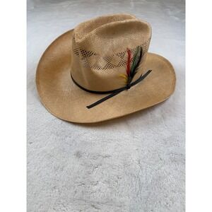Stetson Mens Straw Cowboy Hat Feather Accent Western Wear Size 7 1/8